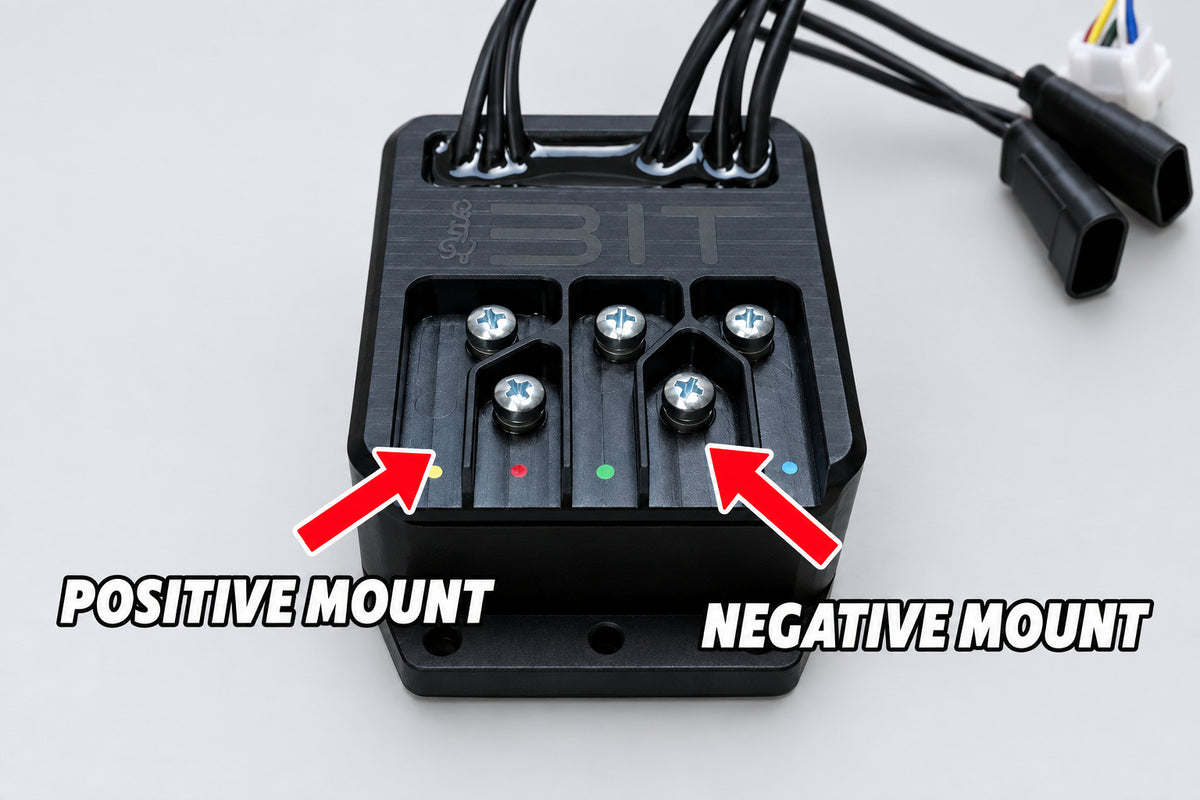 Install guide showing the positive and negative ring terminal mounts on an e-bike controller