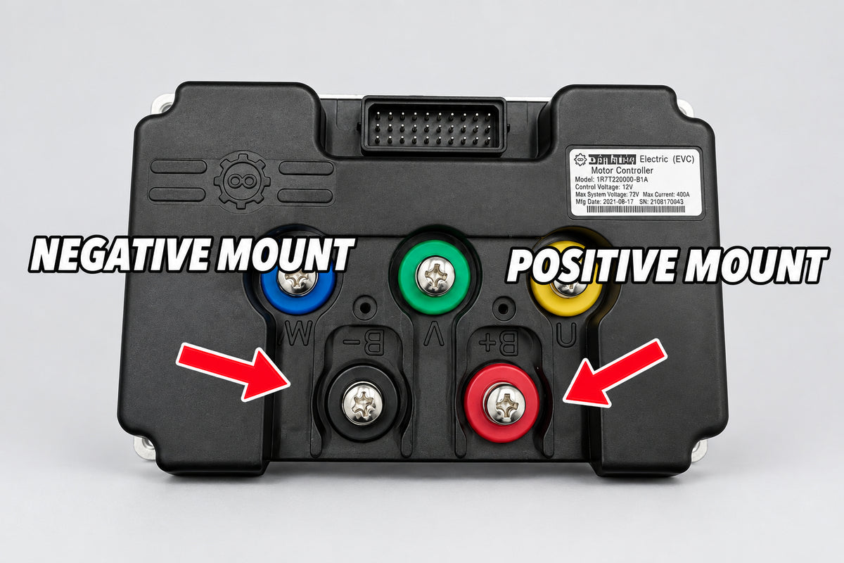 Where to connect the Baja light kit: negative and positive battery terminals on an e-moto controller