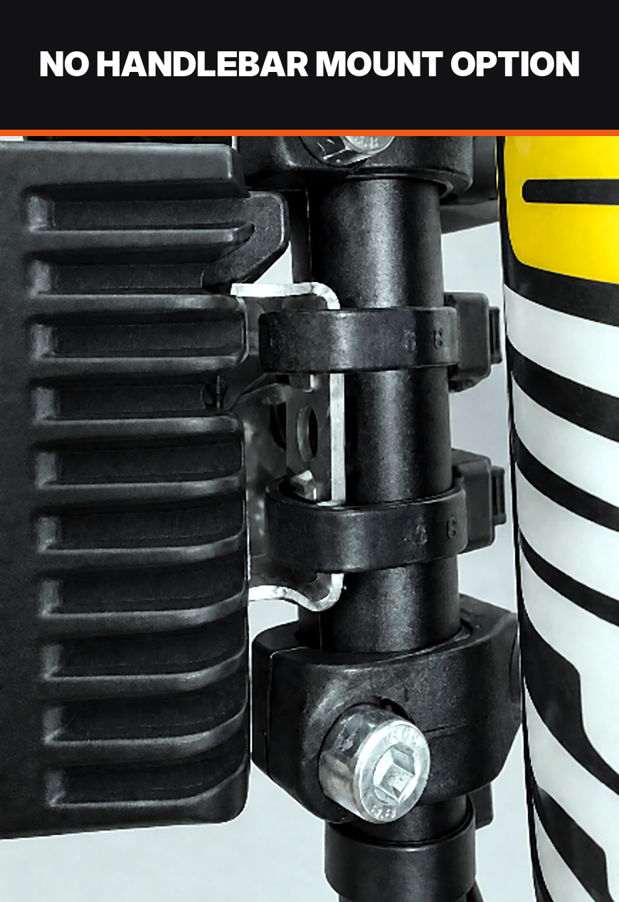 No handlebar mount option: Baja light bracket mounted to the fork tube of a dirt bike