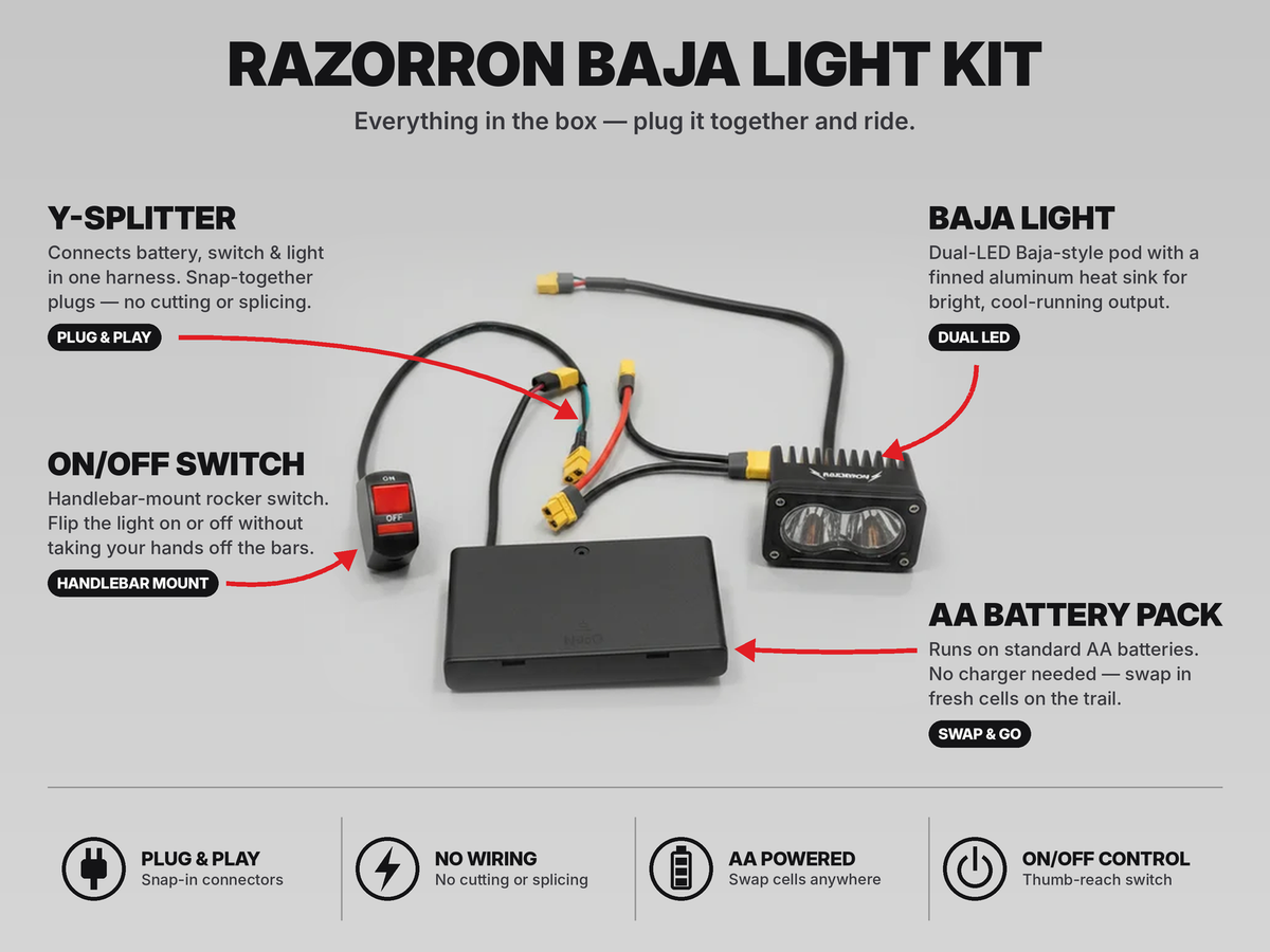 Battery-powered Baja light kit contents: Baja light, Y-splitter, on/off switch and AA battery pack