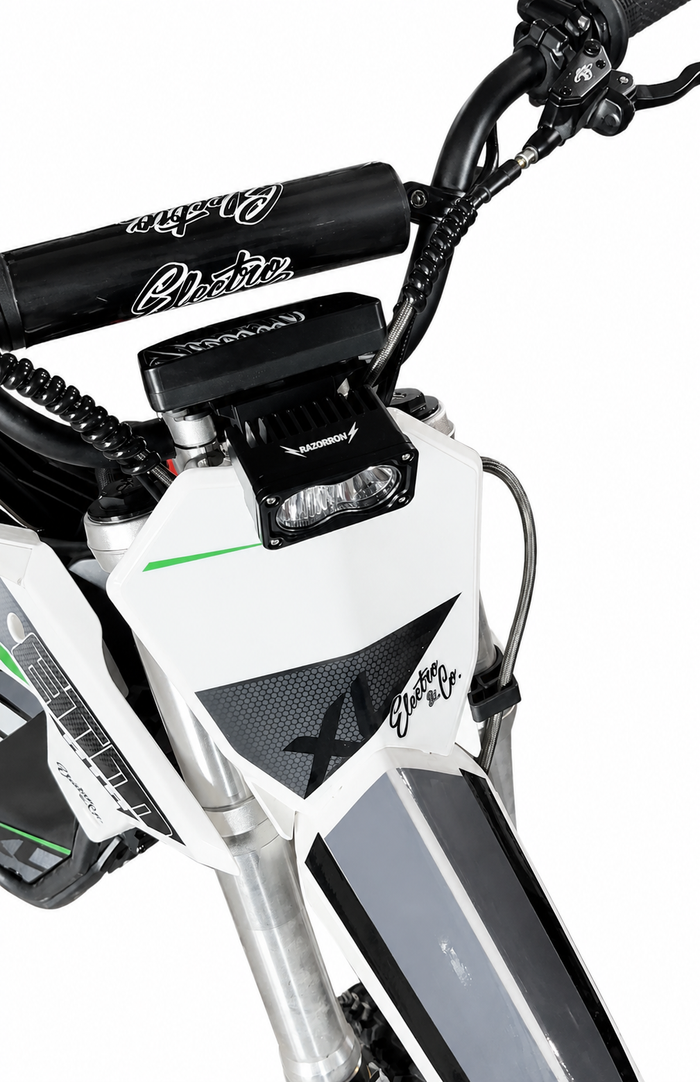 Razorron Baja headlight kit installed on an ETM RTR electric dirt bike front plate